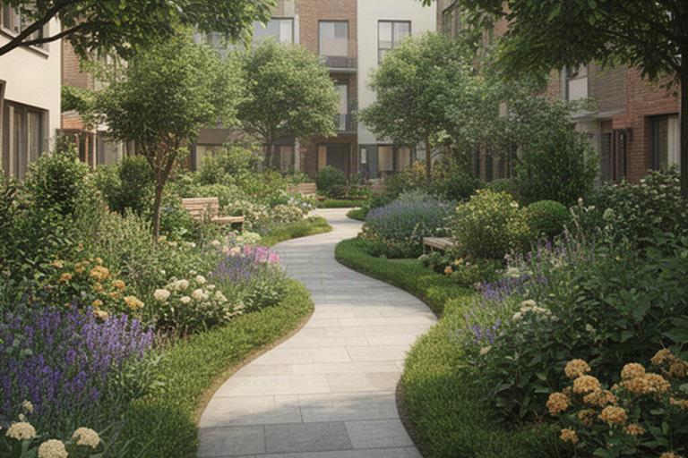 Collectieve binnentuin van VvE De Beek met groene borders en verzorgde wandelpaden