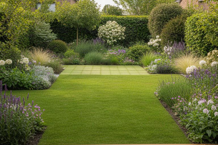Verzorgde Limburgse achtertuin met strak gazon, groene borders en een houten terras