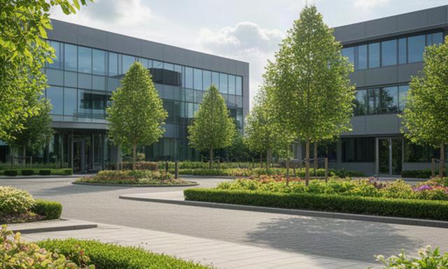 Verzorgd kantorenpark met strak gesnoeide borders en vrije wandelpaden na groenonderhoud