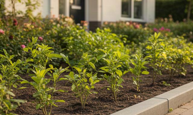 Nieuwe border met jonge beplanting en nette randafwerking bij een woning