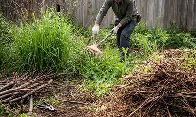 Verwijderen van hoog onkruid, oud hout en tuinafval uit een achtertuin