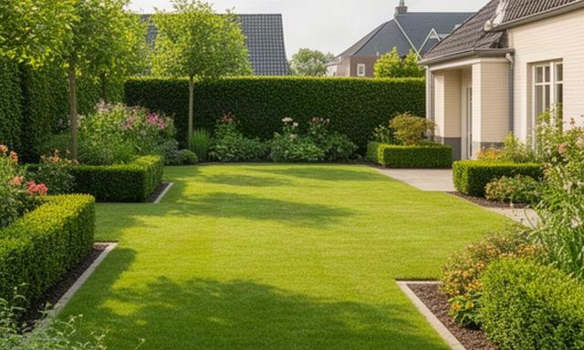 Opgeruimde tuin met strak gazon en gesnoeide haag na renovatie in Schinnen