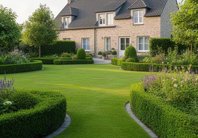Verzorgde Limburgse tuin met strak gazon en gesnoeide hagen bij een woning