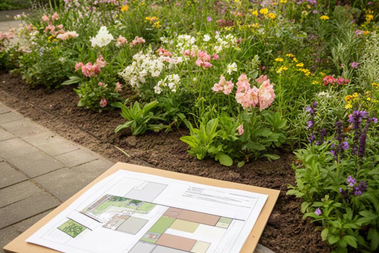 Beplantingsplan naast een aangelegde border met vaste planten bij een woning in Schinnen